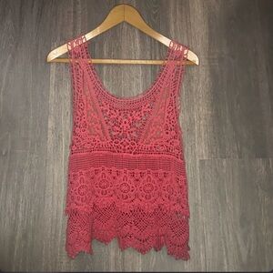 Noelle Coral Pink Crochet Lace Tank Top Boho Festival L/XL
